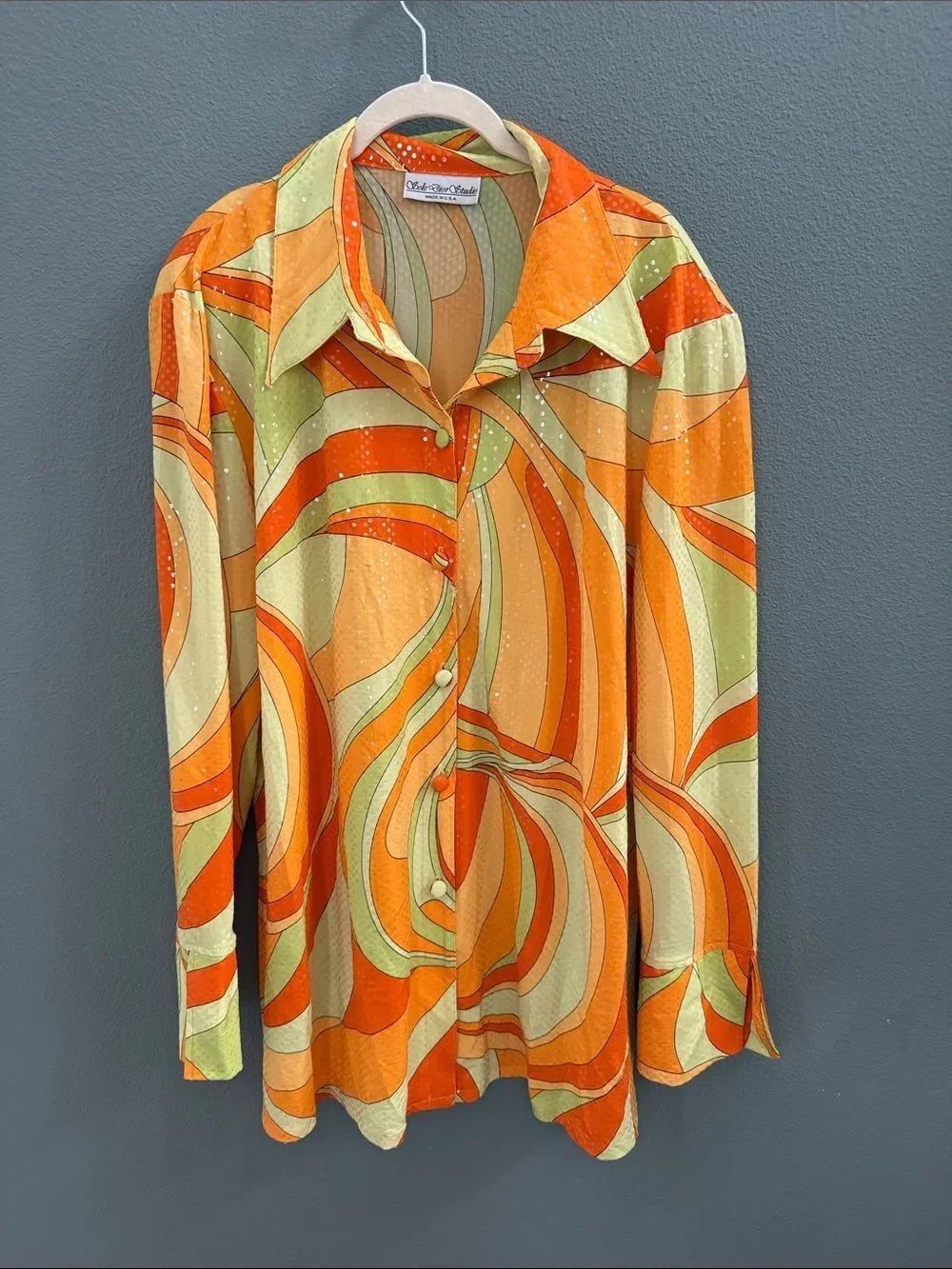 Vintage 70’s Sole Dior Studio 1X Swirl Print Button-Up Top Jacket Sparkle Sequin - Picture 4 of 15